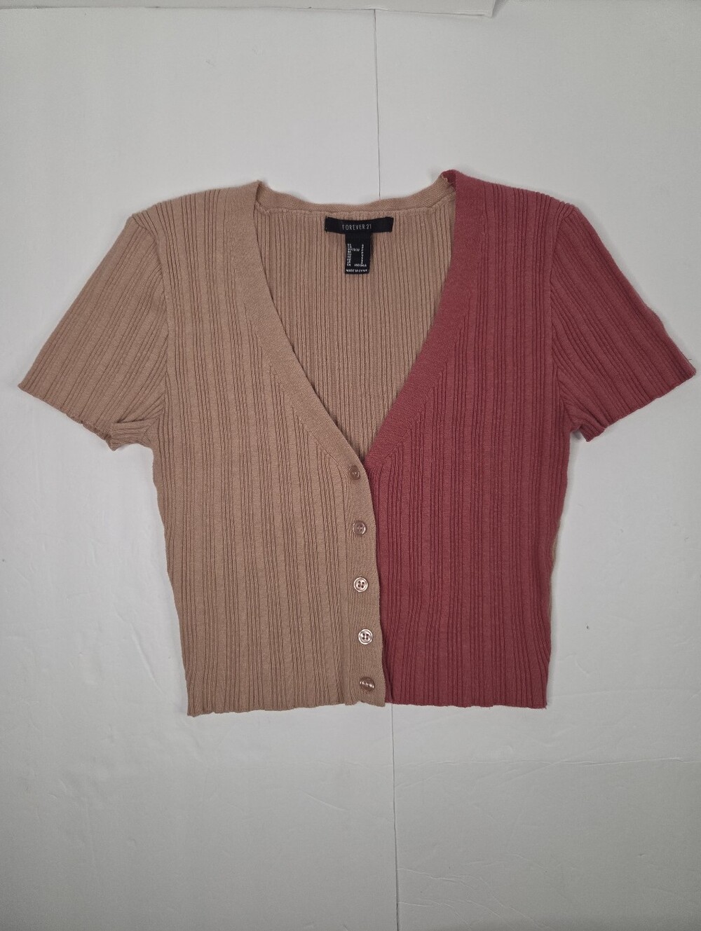 Forever 21 Colorblock Ribbed Knit Short Sleeve Cardigan Top Small Pink Blush